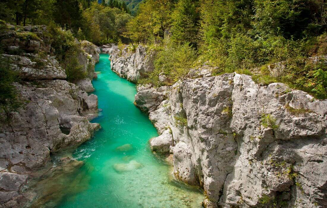 Turquoise colours of Soča River, Slovenia